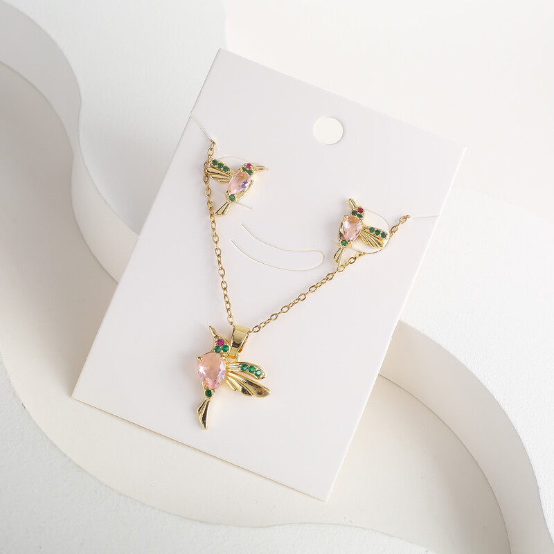 Класическо колие с висулка от кристал Колибри Комплект обеци 7 цвята Цирконий Животно Птиче Колие Момиче Парти Рожден ден Сватбен подарък
