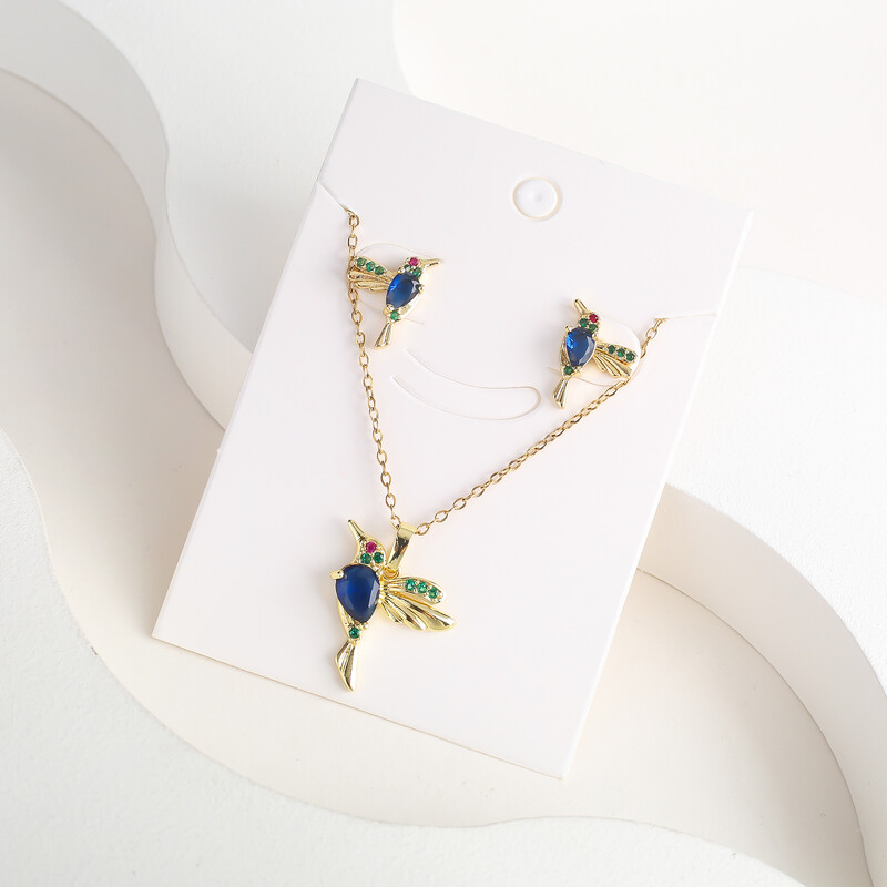 Класическо колие с висулка от кристал Колибри Комплект обеци 7 цвята Цирконий Животно Птиче Колие Момиче Парти Рожден ден Сватбен подарък