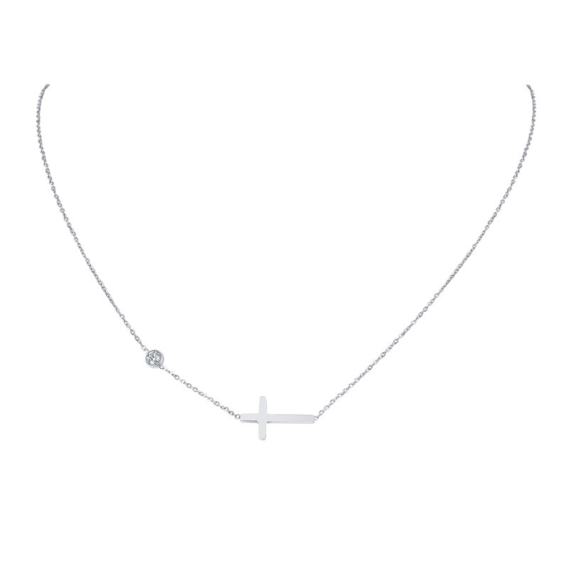 Colier cu cruce laterală din oțel inoxidabil pentru femei, pandantiv cu lanț CZ reglabil