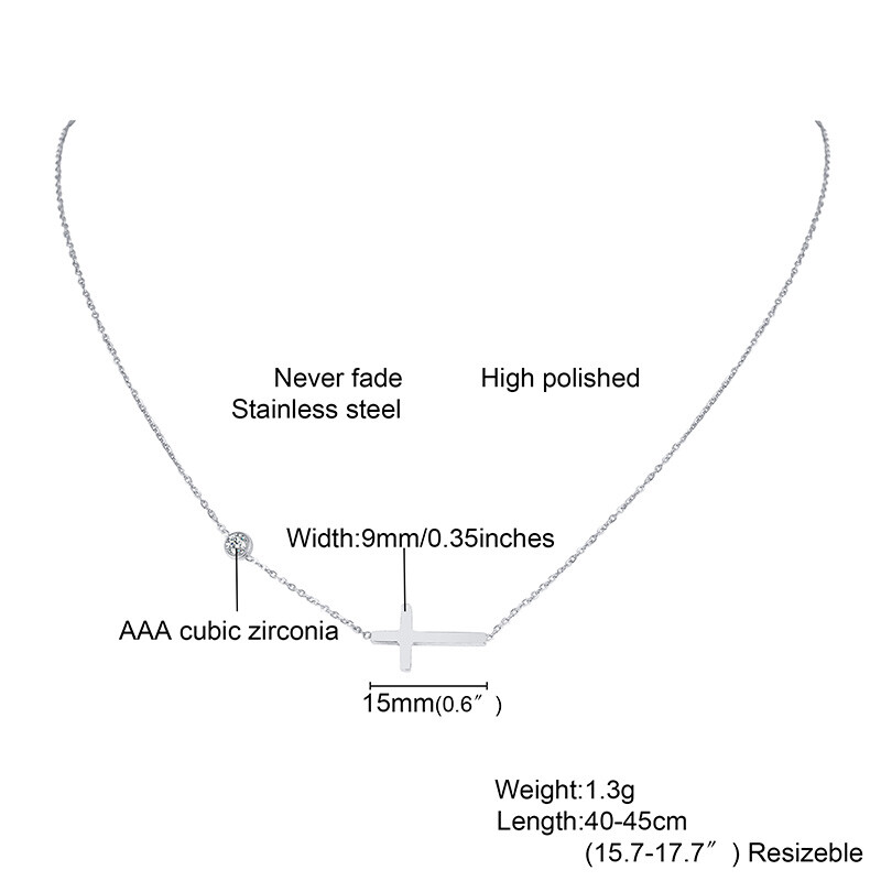 Colier cu cruce laterală din oțel inoxidabil pentru femei, pandantiv cu lanț CZ reglabil