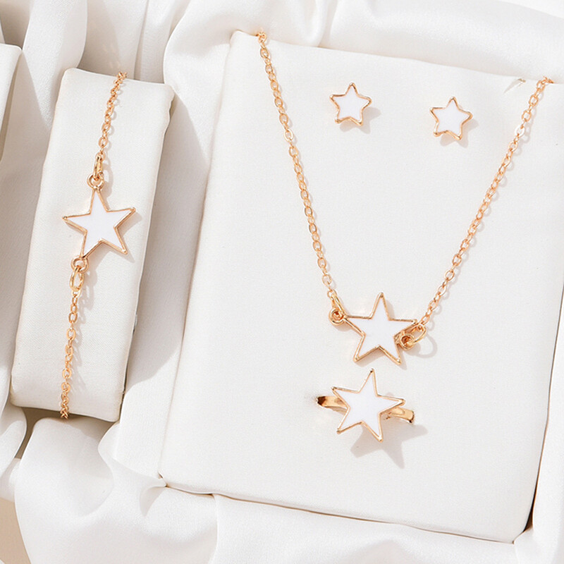 5 bucăți/set bijuterii în formă de stele de inimă set de cercei inel colier brățară pentru femei accesorii elegante de bijuterii cu stras