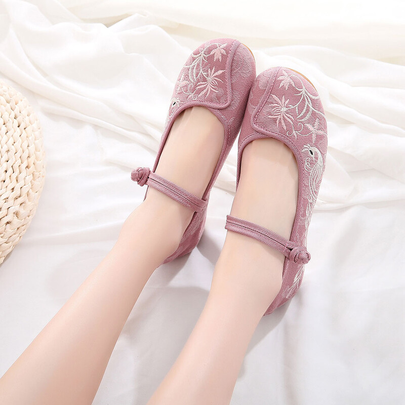 Veowalk puha pamut szövet hímzett női Mary Jane balett lakások kínai stílusú Kényelmes hétköznapi sétacipők fehér rózsaszín