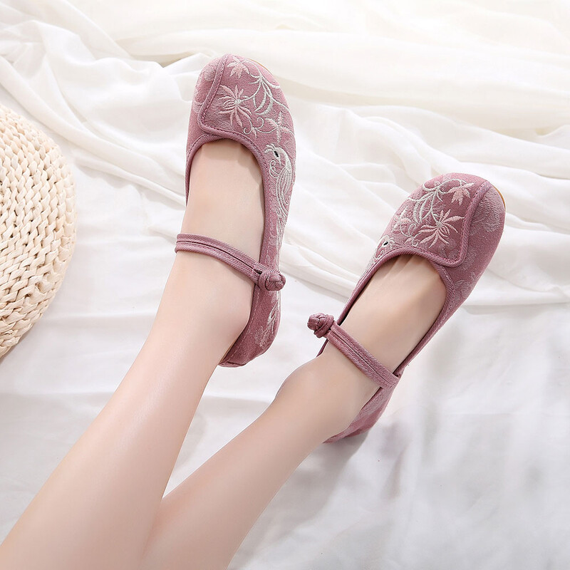Veowalk puha pamut szövet hímzett női Mary Jane balett lakások kínai stílusú Kényelmes hétköznapi sétacipők fehér rózsaszín