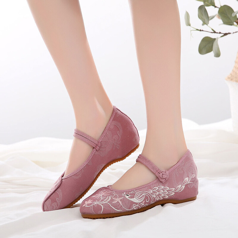 Veowalk puha pamut szövet hímzett női Mary Jane balett lakások kínai stílusú Kényelmes hétköznapi sétacipők fehér rózsaszín