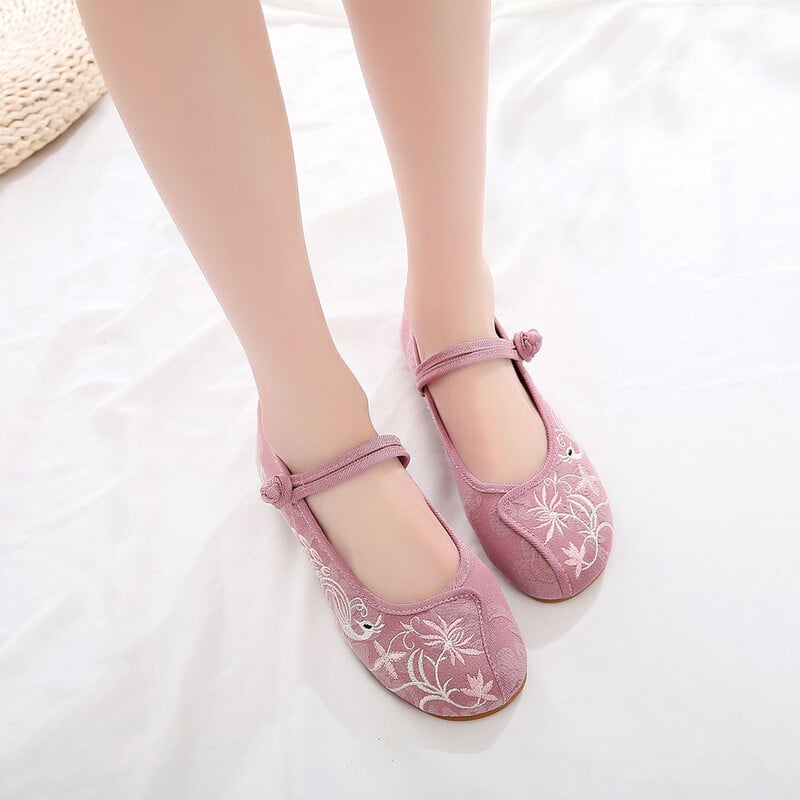 Veowalk puha pamut szövet hímzett női Mary Jane balett lakások kínai stílusú Kényelmes hétköznapi sétacipők fehér rózsaszín
