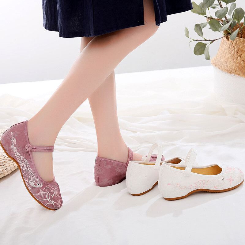 Veowalk puha pamut szövet hímzett női Mary Jane balett lakások kínai stílusú Kényelmes hétköznapi sétacipők fehér rózsaszín