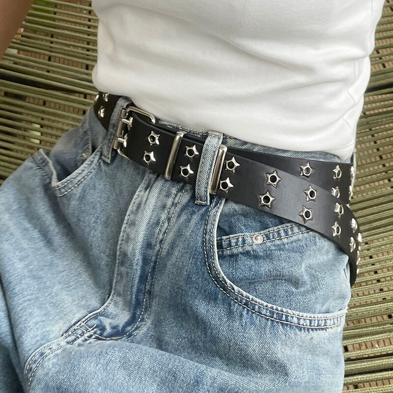 Y2K Punk Rivet kožené opasky ženy muži hviezda PU čiernobiele pásové popruhy dvojitý riadok dutý trendy opasok džínsy sukňa dekorácia