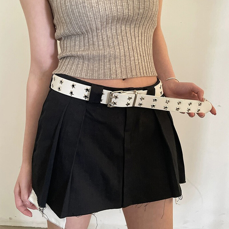 Y2K Punk Rivet kožené opasky ženy muži hviezda PU čiernobiele pásové popruhy dvojitý riadok dutý trendy opasok džínsy sukňa dekorácia