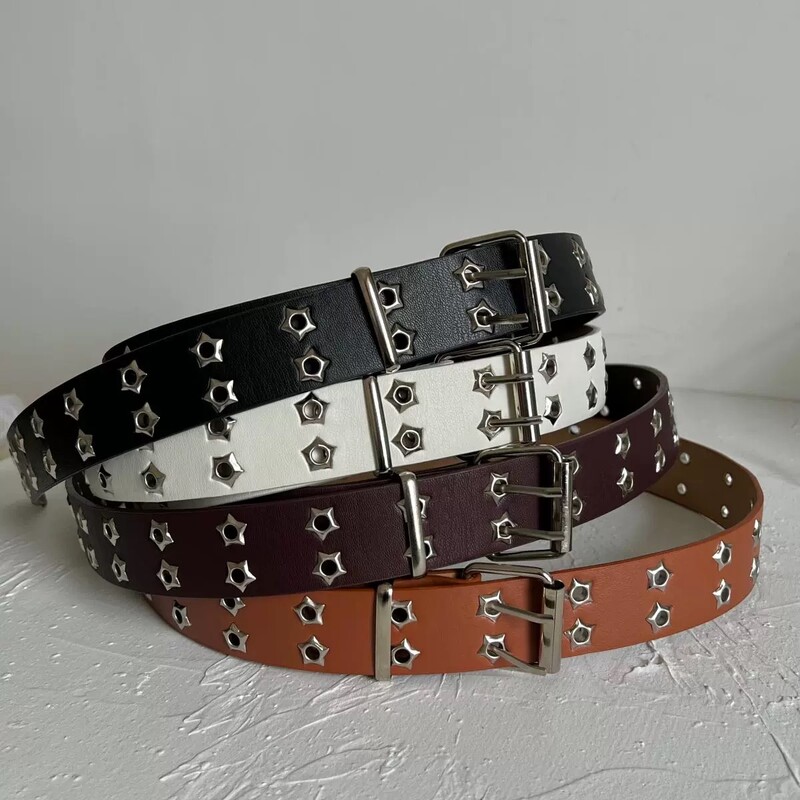 Y2K Punk Rivet kožené opasky ženy muži hviezda PU čiernobiele pásové popruhy dvojitý riadok dutý trendy opasok džínsy sukňa dekorácia