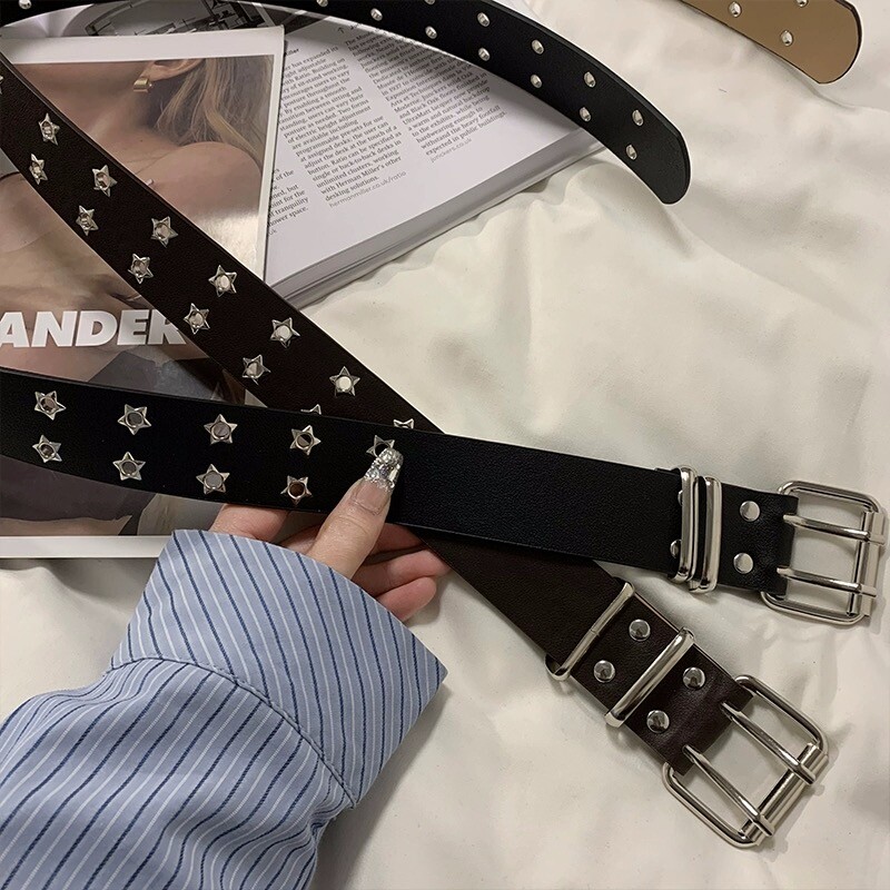 Y2K Punk Rivet kožené opasky ženy muži hviezda PU čiernobiele pásové popruhy dvojitý riadok dutý trendy opasok džínsy sukňa dekorácia
