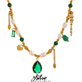 Yhpup luxus Bling zöld köbös cirkónia medál természetes gyöngy kő lánc nyaklánc divat rozsdamentes acél kézzel készített ékszerek