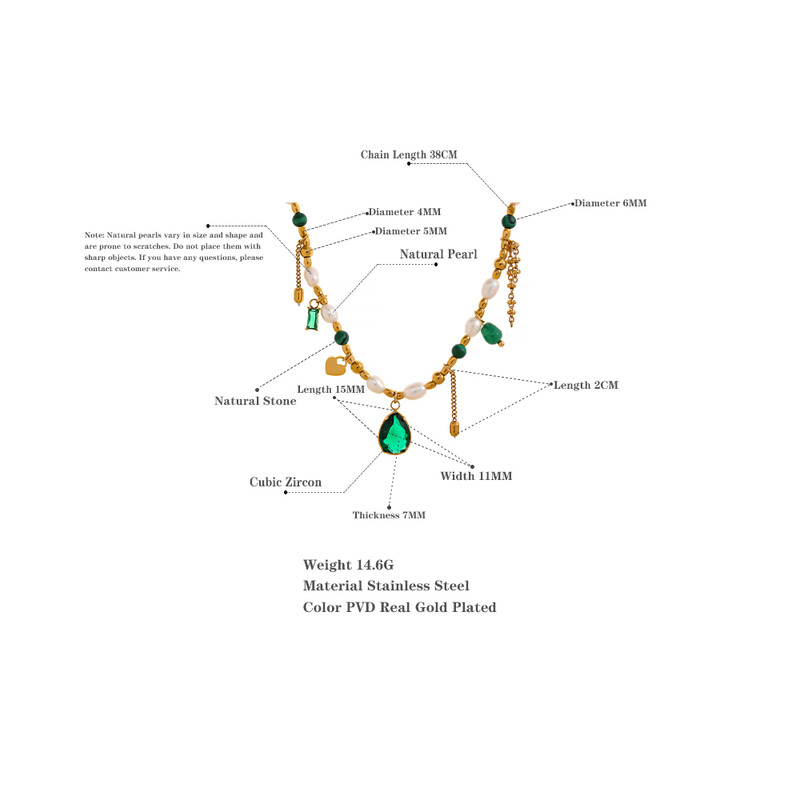 Yhpup luxus Bling zöld köbös cirkónia medál természetes gyöngy kő lánc nyaklánc divat rozsdamentes acél kézzel készített ékszerek