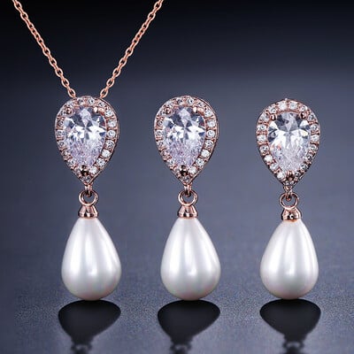 Divatos kerek, gyöngy utánzatú fülbevaló nyaklánc szett nőknek, egyszerű szál színű cirkon esküvői ékszer készletek