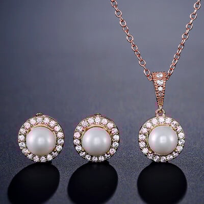 Divatos kerek, gyöngy utánzatú fülbevaló nyaklánc szett nőknek, egyszerű szál színű cirkon esküvői ékszer készletek