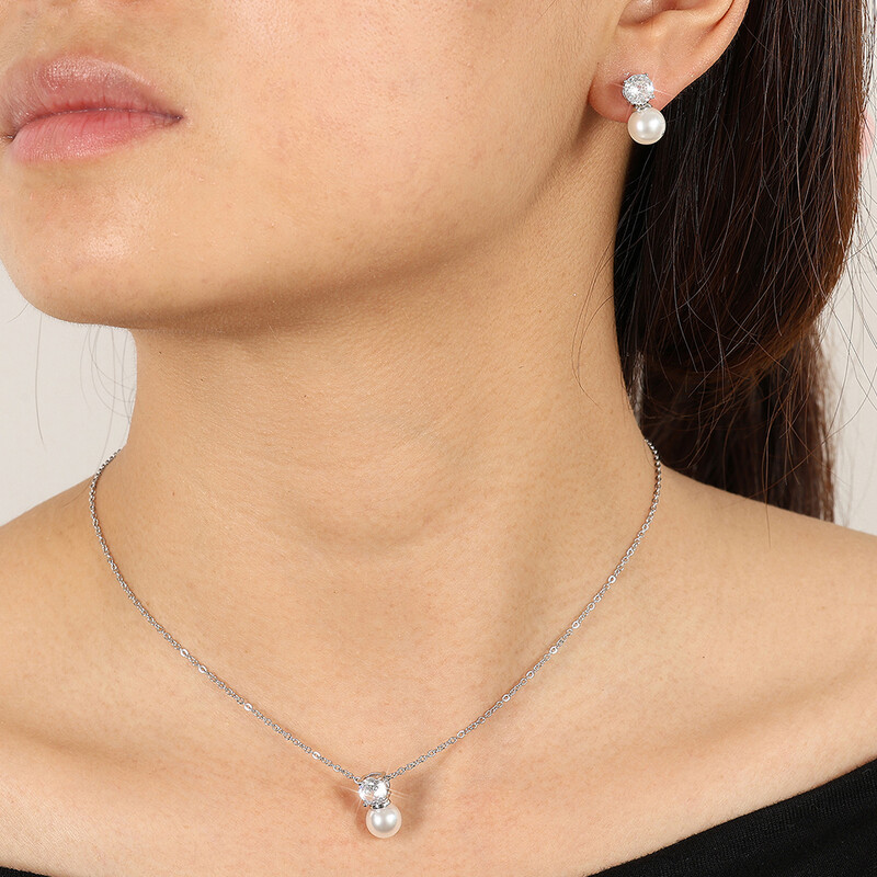 Divatos kerek, gyöngy utánzatú fülbevaló nyaklánc szett nőknek, egyszerű szál színű cirkon esküvői ékszer készletek