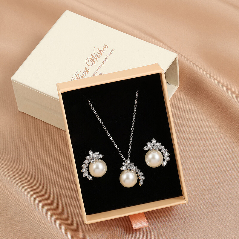 Divatos kerek, gyöngy utánzatú fülbevaló nyaklánc szett nőknek, egyszerű szál színű cirkon esküvői ékszer készletek