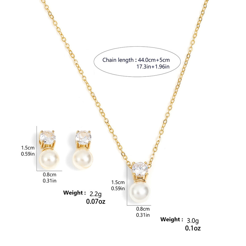 Divatos kerek, gyöngy utánzatú fülbevaló nyaklánc szett nőknek, egyszerű szál színű cirkon esküvői ékszer készletek