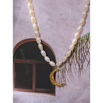 Yhpup Elegant Natural Pearl Κοσμήματα Κολιέ Φεγγάρι Κρεμαστό γιακά από ανοξείδωτο ατσάλι αδιάβροχο ταμπεραμέντο για γυναίκες μπιζού