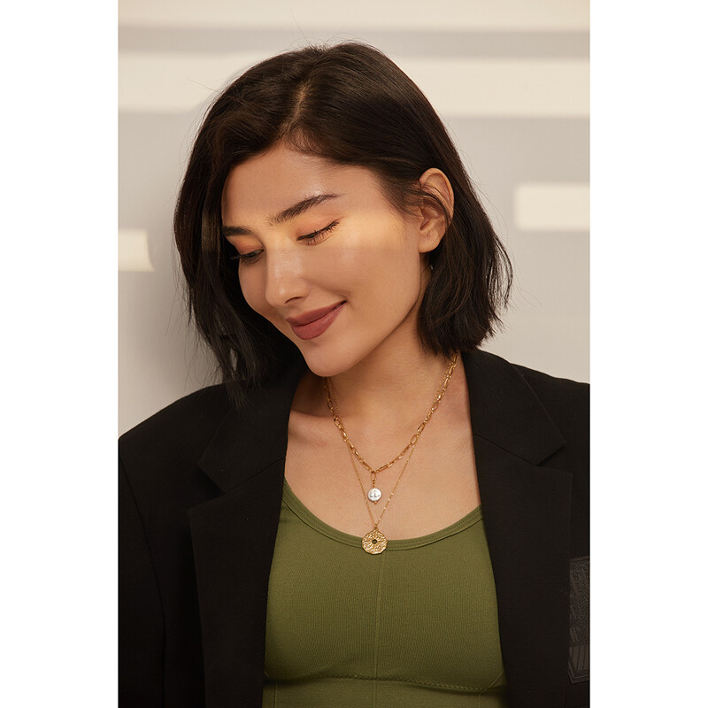 Yhpup Statement apvalus North Star daugiasluoksnis pakabukas moterims, auksinis nerūdijančio plieno natūralaus perlų grandinėlės karoliai