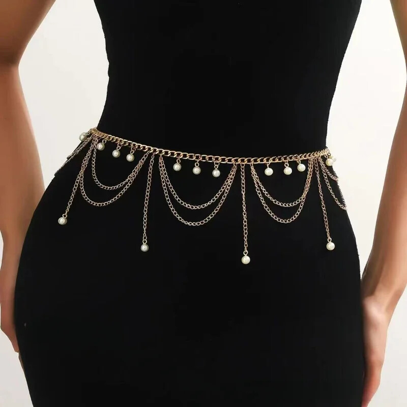 Modni elegantni pojasevi Ženski metalni pojasevi s lančićima oko struka Zlatni okrugli nepravilni dijamantni biserni lančići za tijelo Pojasevi za dodatke