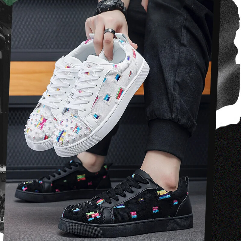 Apavi Ikdienišķas Vīriešu Dizaineris Rivet Punk Board Kurpes Modes Ādas Audekls Elpojošs Augstums Paaugstināts Plakanas Platformas Baltas Kurpes