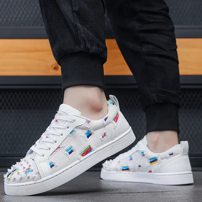 Apavi Ikdienišķas Vīriešu Dizaineris Rivet Punk Board Kurpes Modes Ādas Audekls Elpojošs Augstums Paaugstināts Plakanas Platformas Baltas Kurpes