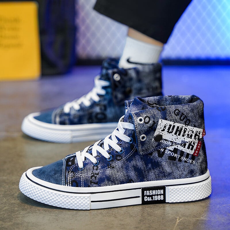 Pánske džínsové hip hopové tenisky, dizajnérske vulkanizované topánky, pánske espadrilky, pohodlné vysoké pánske plátené tenisky