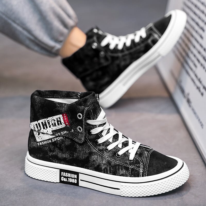 Pánske džínsové hip hopové tenisky, dizajnérske vulkanizované topánky, pánske espadrilky, pohodlné vysoké pánske plátené tenisky