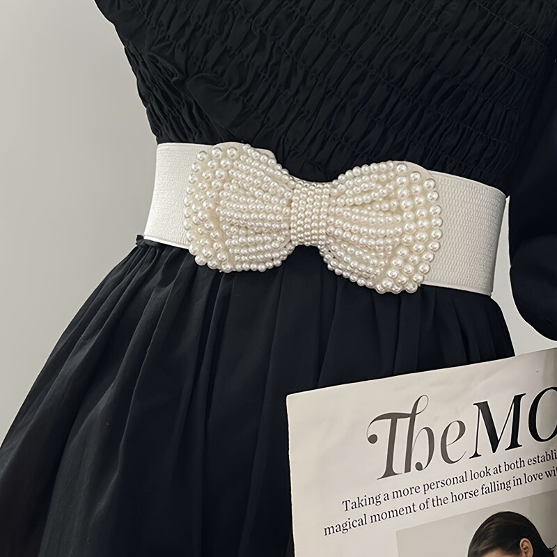 2024 női elasztikus széles öv gyöngy deréktakaró sokoldalú ruha dekoráció kiváló minőségű széles gyöngy masni barna öv