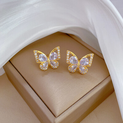 Комплект бижута от неръждаема стомана от обеци, висулка, огърлица за жени, шикозен моден кристал, бял прозрачен комплект бижута с пеперуди