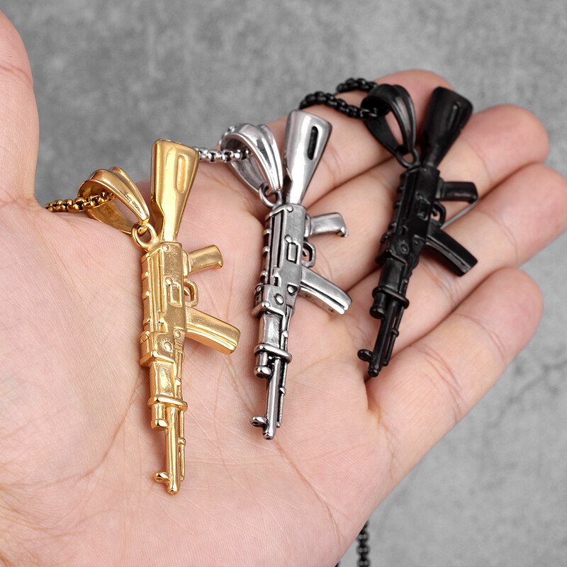 AK47 Gun Long Vyriški karoliai pakabukai grandininiai punk madingi vaikinui, nerūdijančio plieno papuošalai, kūrybiškumo dovanos didmeninė prekyba