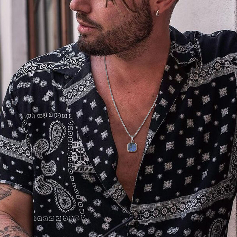 Vnox Colier cu pandantiv pătrat de 15 mm pentru bărbați, pandantiv din piatră lapislazuli emailat geometric cu lanț de cutie, guler sport simplu pentru gât