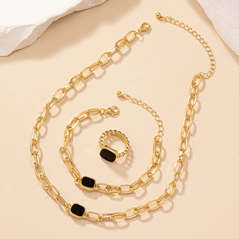 Francia fekete négyzet nyaklánc Kubai lánc karkötő gyűrű háromrészes ékszer szett Stílusos kiegészítők party ékszerek születésnapi ajándékok