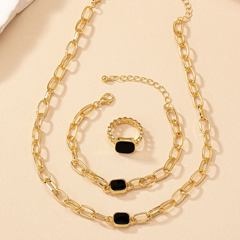 Francia fekete négyzet nyaklánc Kubai lánc karkötő gyűrű háromrészes ékszer szett Stílusos kiegészítők party ékszerek születésnapi ajándékok