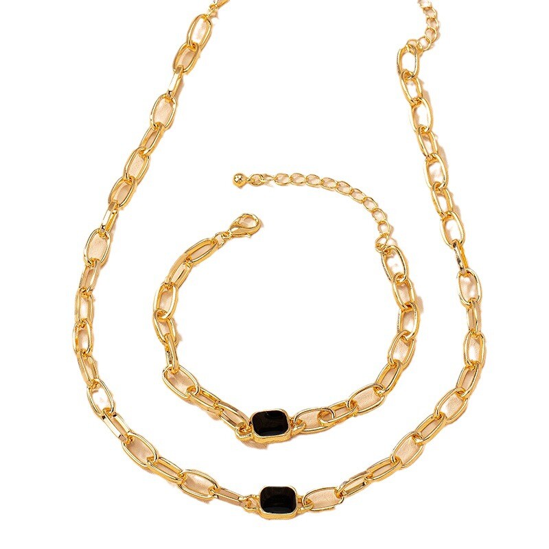 Francia fekete négyzet nyaklánc Kubai lánc karkötő gyűrű háromrészes ékszer szett Stílusos kiegészítők party ékszerek születésnapi ajándékok