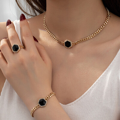 Geometrijski set nakita za žene Metalna emajlirana narukvica Prsten Ogrlica Poklon za blagdane Moda Jednostavan stil S020