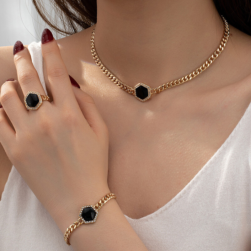 Geometrijski set nakita za žene Metalna emajlirana narukvica Prsten Ogrlica Poklon za blagdane Moda Jednostavan stil S020