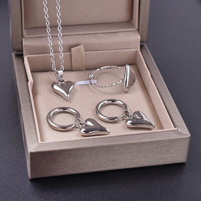 Bez izbalēšanas trīsdimensiju mīlestības rotaslietu komplekts sirds gredzens/auskari/kaklarota nerūsējošā tērauda gredzeni sievietēm aksesuāri dzimšanas dienas dāvana