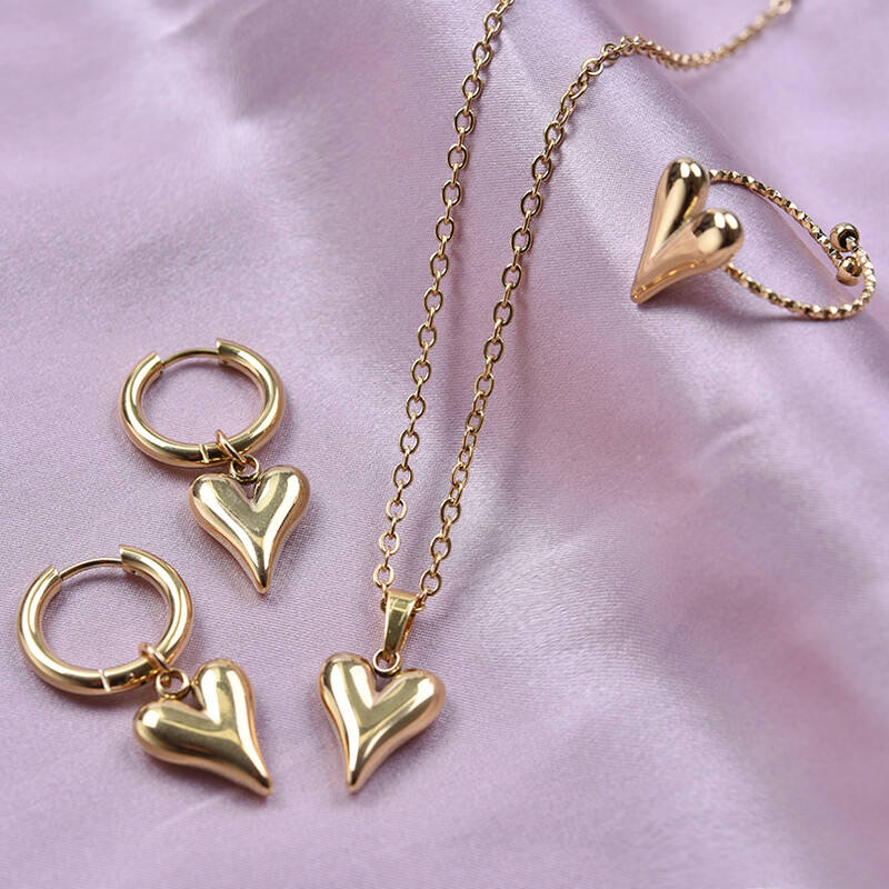 Bez izbalēšanas trīsdimensiju mīlestības rotaslietu komplekts sirds gredzens/auskari/kaklarota nerūsējošā tērauda gredzeni sievietēm aksesuāri dzimšanas dienas dāvana