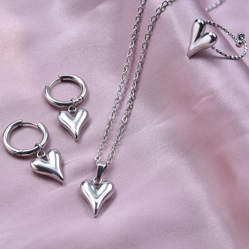 Bez izbalēšanas trīsdimensiju mīlestības rotaslietu komplekts sirds gredzens/auskari/kaklarota nerūsējošā tērauda gredzeni sievietēm aksesuāri dzimšanas dienas dāvana