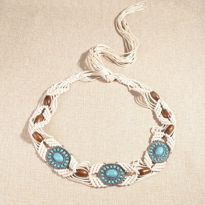 Curea împletită cu incrustație turcoaz Boho scobită din frânghie de ceară centură de decorare vintage Brâu rochie pentru femei