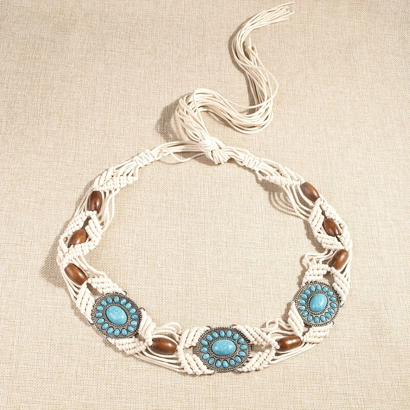 Curea împletită cu incrustație turcoaz Boho scobită din frânghie de ceară centură de decorare vintage Brâu rochie pentru femei