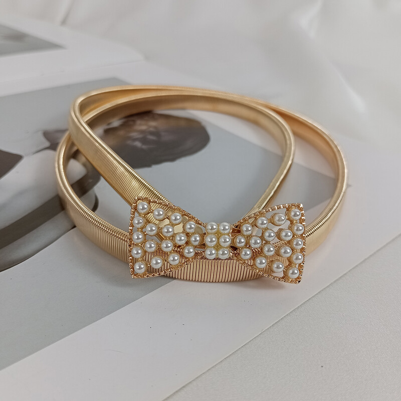 Divat rugalmas arany lánc öv női derék gyöngy berakás ezüst fém övek női kiváló minőségű luxus vékony sztreccs Riem