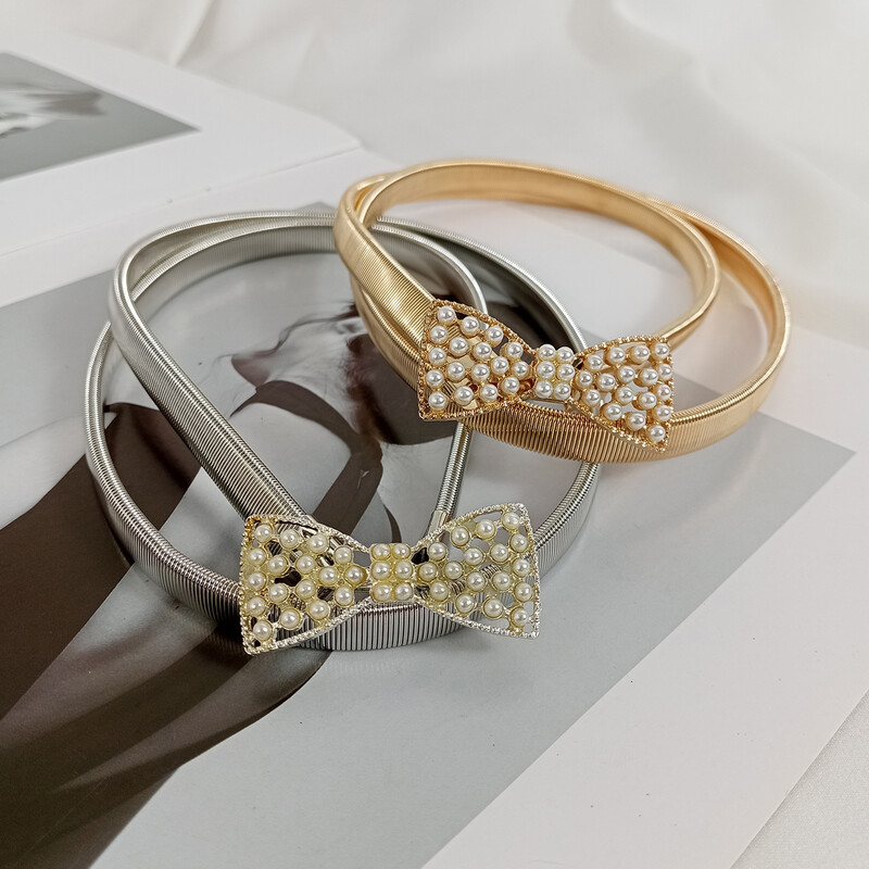 Divat rugalmas arany lánc öv női derék gyöngy berakás ezüst fém övek női kiváló minőségű luxus vékony sztreccs Riem