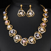 Karštai parduodamas prabangus karolių rinkinys Blizgantis Kalnų krištolas Saturnas Žiedas Perlų Auskarai Kaklo papuošalas 3vnt.