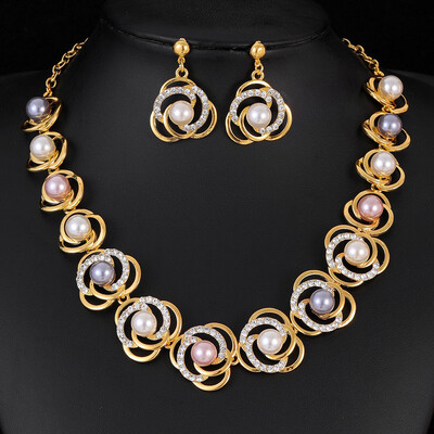 Karštai parduodamas prabangus karolių rinkinys Blizgantis Kalnų krištolas Saturnas Žiedas Perlų Auskarai Kaklo papuošalas 3vnt.