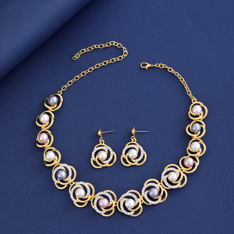 Karštai parduodamas prabangus karolių rinkinys Blizgantis Kalnų krištolas Saturnas Žiedas Perlų Auskarai Kaklo papuošalas 3vnt.