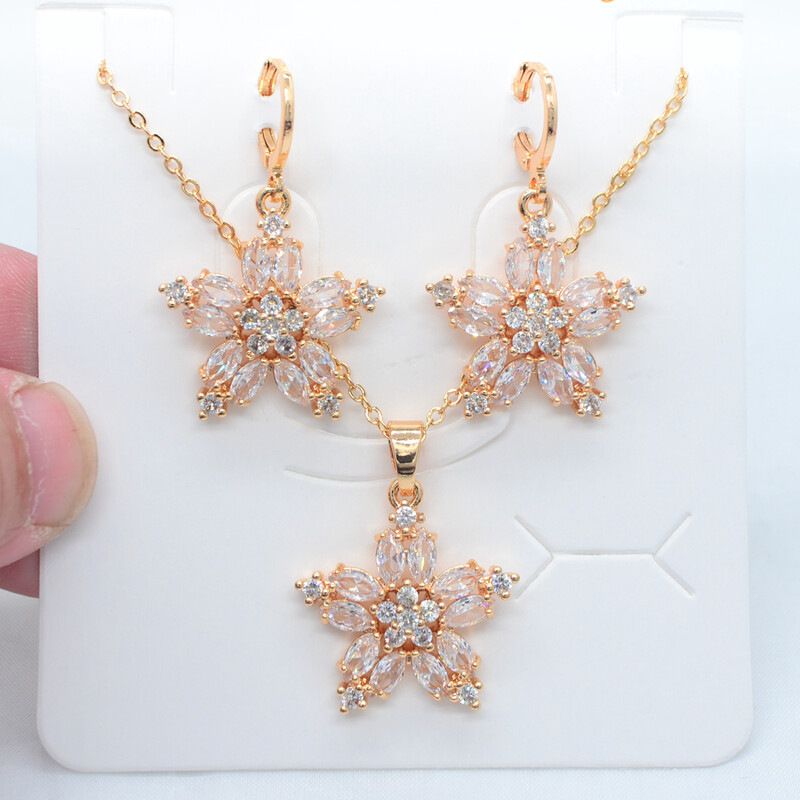 Madingi aukso spalvos moteriški daugiaspalviai kubiniai cirkoniai, gėlių žvaigždės dizaino auskarai ir pakabukų papuošalų rinkinys