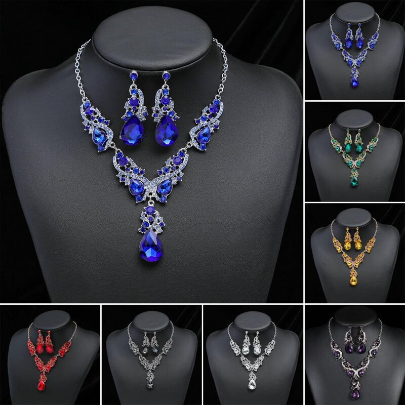 Elegantiškas dviejų dalių papuošalų rinkinys Kalnų krištolinis karoliai Auskarai Elegantiškas Kalnų krištolo nuotakų papuošalų rinkinys vestuvių proga