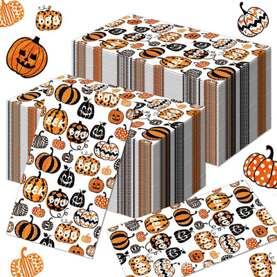 100 ks papierových obrúskov s tekvicou na Halloween, 33 * 40 cm, 2-vrstvové jednorazové obrúsky s kreslenou tekvicou na Halloween na Deň vďakyvzdania